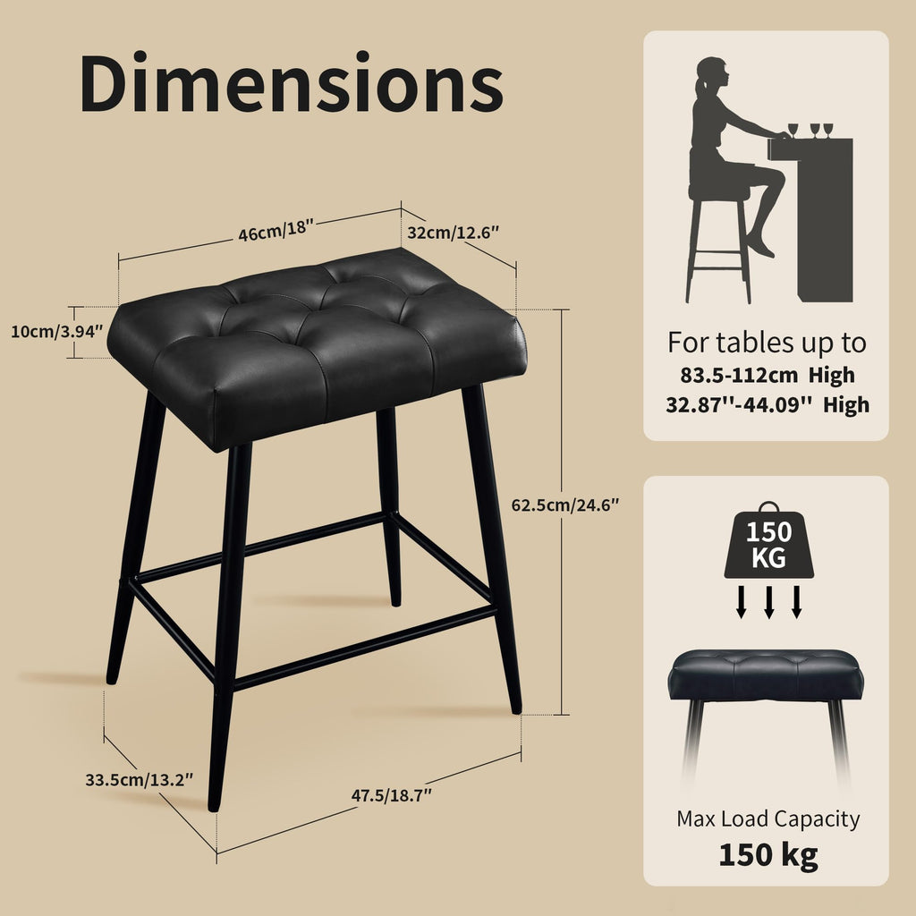 Bar Stools Set of 2, 24 Inch Bar Stool for Kitchen Island, Modern Counter Height Bar Stools for Kitchen Counter, Bar Chairs with Sturdy Metal Base and Adjustable Foot Pins, Black