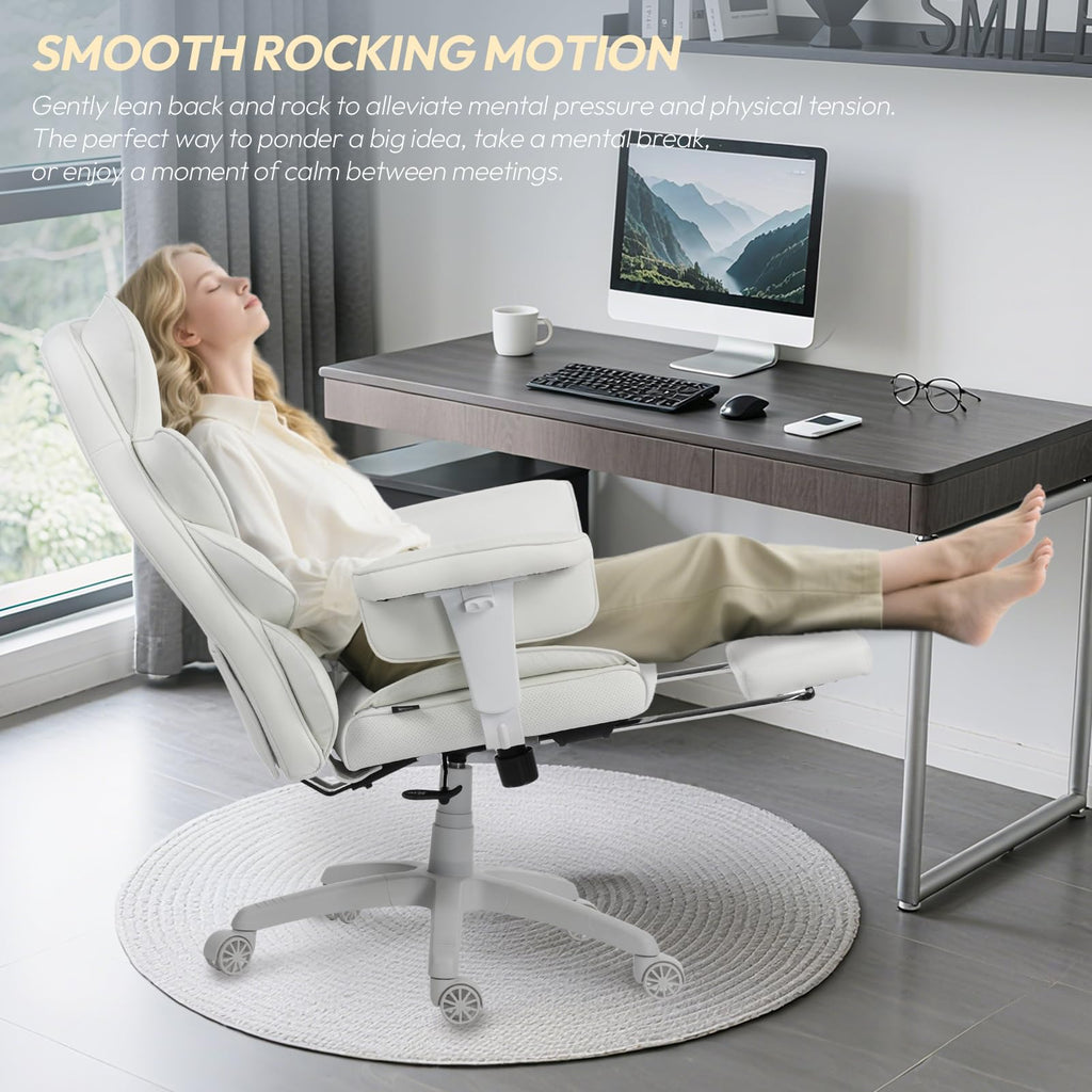 Big and Tall Office Chair with Pocket Spring Cushion, High Back Computer Gaming Chairs with Adjustable Armrests and Lumbar Support,Executive Desk Chairs with Footrest(PU Leather,White)