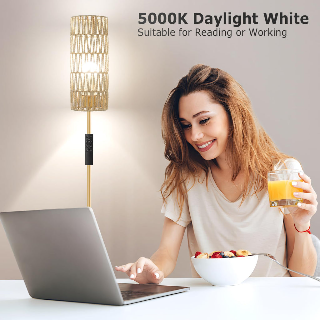 64'' Floor Lamps for Living Room with Remote Control and Stepless Dimmable Colors Temperature & Brightness, Boho Gold Standing Lamp with Beige Rattan Shade
