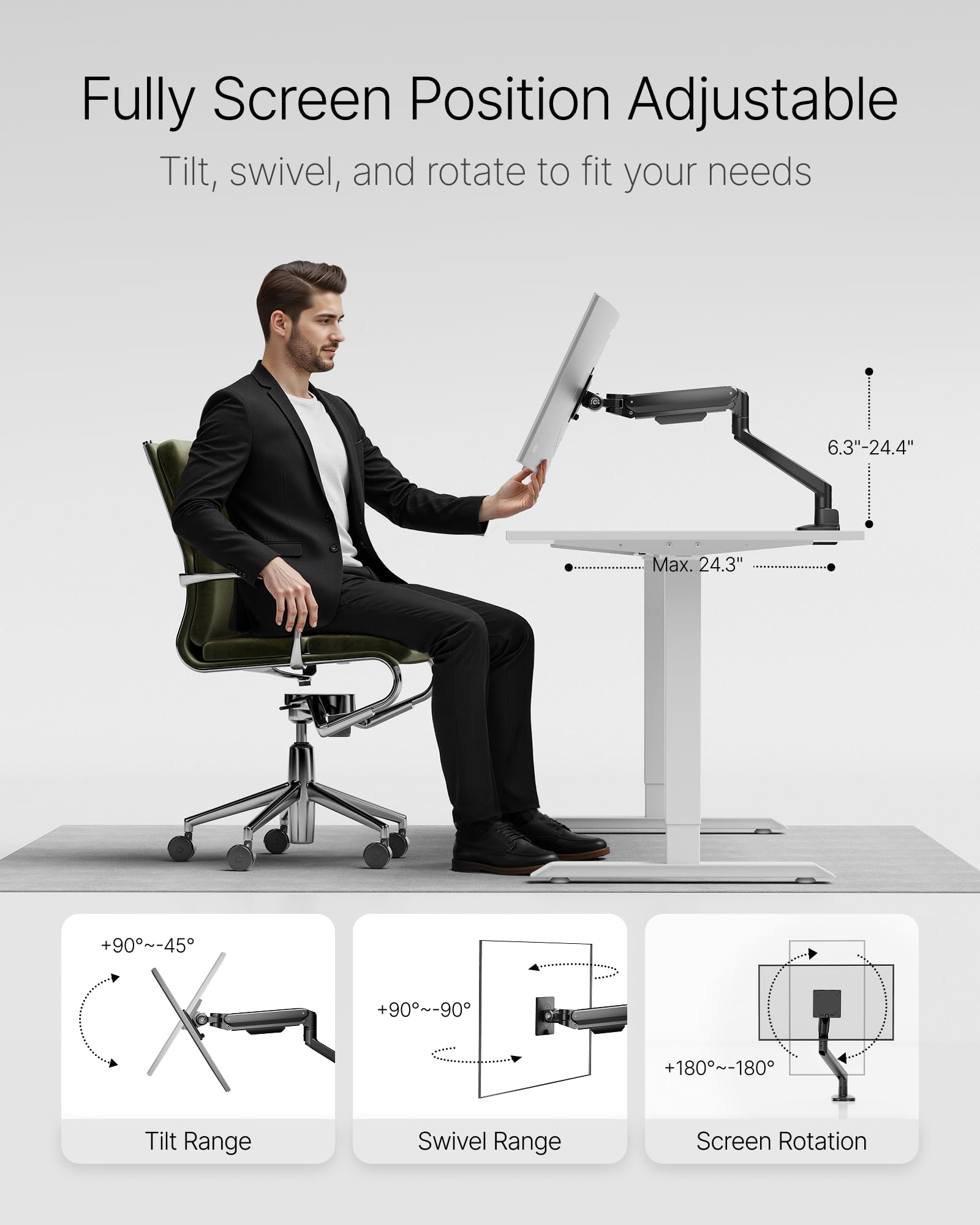 Deluxe Monitor Arm with USB A/C up to 40 Inch Holds 26.4 lbs Curved Screens Aluminum Fully Motion Single Monitor Stand with Clamp/Grommet, Quick Release Plate,75/100mm VESA, MA1008UCBK