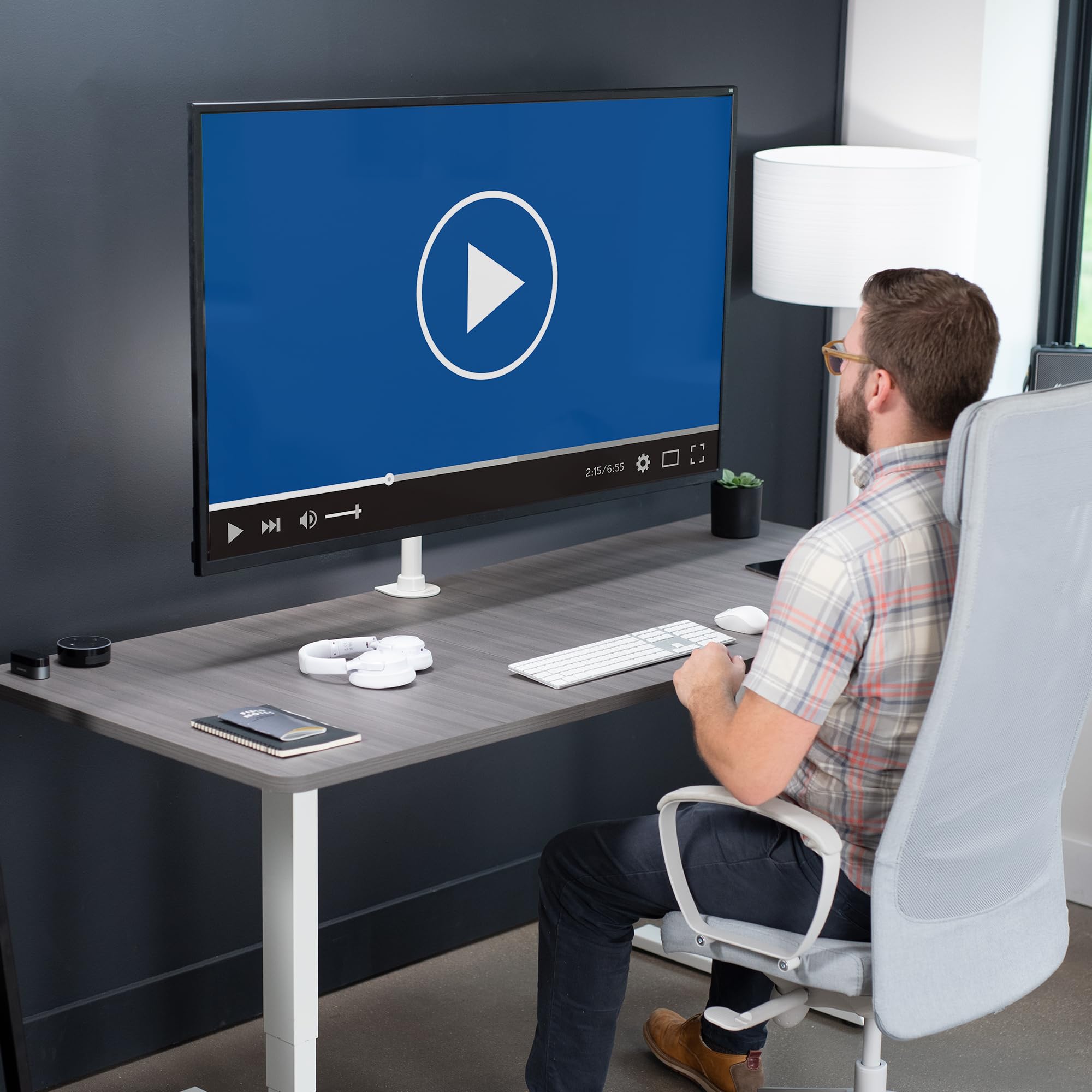 Ultra Wide TV Desk Mount for up to 55 inch Screens Weighing 66 lbs, Full Motion Height Adjustable Single Television Stand, White, STAND-V155CW