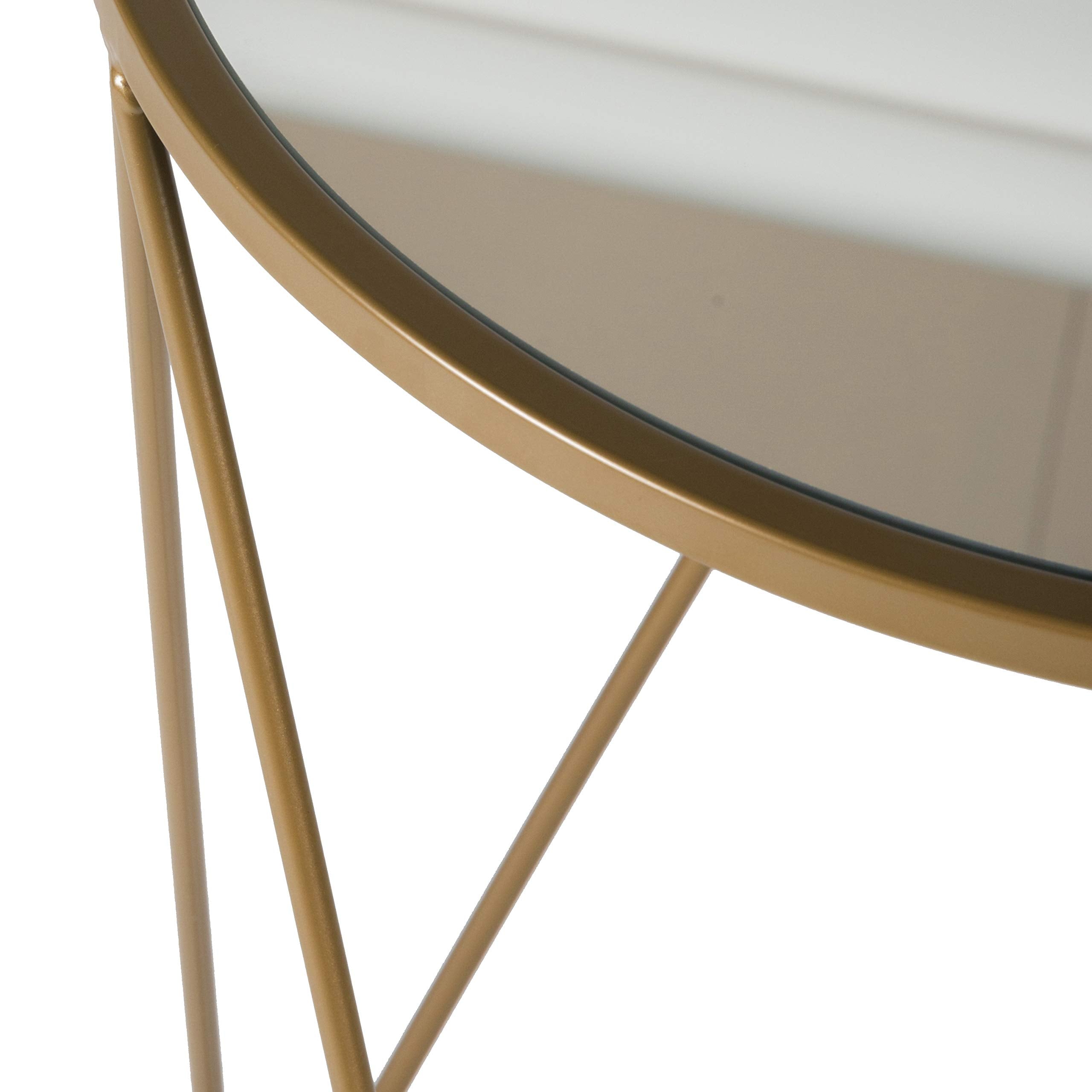 Metal Accent Table Triangle Base Round Mirror Top, Gold