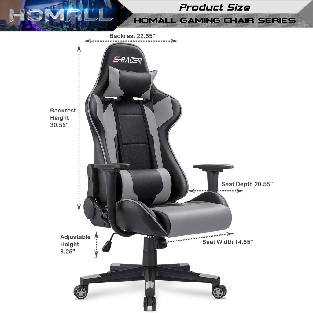 Gaming Chair, Office Chair High Back Computer Chair Leather Desk Chair Racing Executive Ergonomic Adjustable Swivel Task Chair with Headrest and Lumbar Support (Grey)