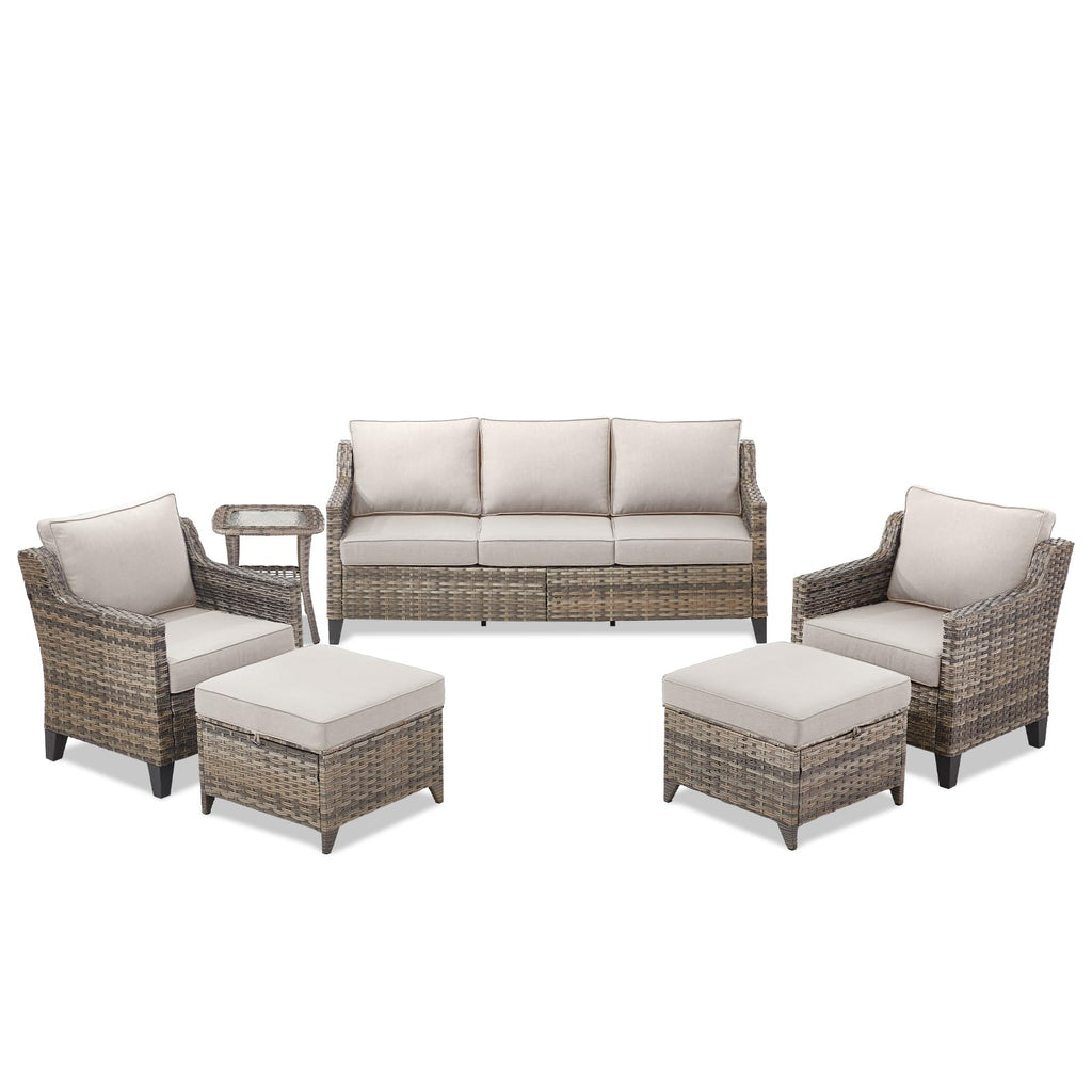 Outdoor Patio Furniture Set-PE Wicker Sofa Couch with Ottomans Comfy Cushions, All Weather High Back Patio Conversation Set for Porch Deck Balcony Garden Grey/Beige