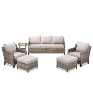 Outdoor Patio Furniture Set-PE Wicker Sofa Couch with Ottomans Comfy Cushions, All Weather High Back Patio Conversation Set for Porch Deck Balcony Garden Grey/Beige
