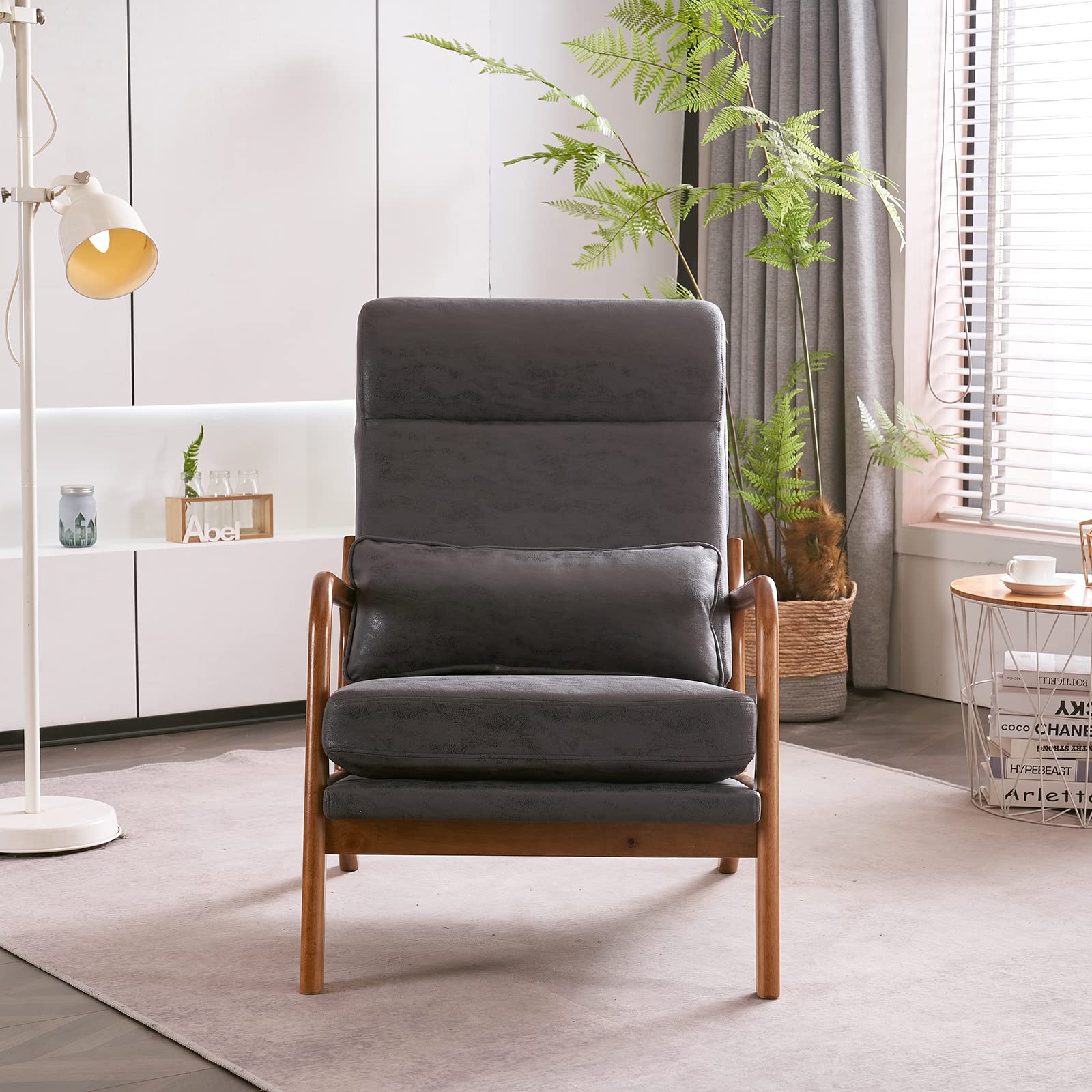High Back Microfiber Dark Grey Mid Century Modern Accent Chair, Soild Wood Padding Lounge Armchairs Side Sitting Chairs for Living Room, Bedroom, Guest Room