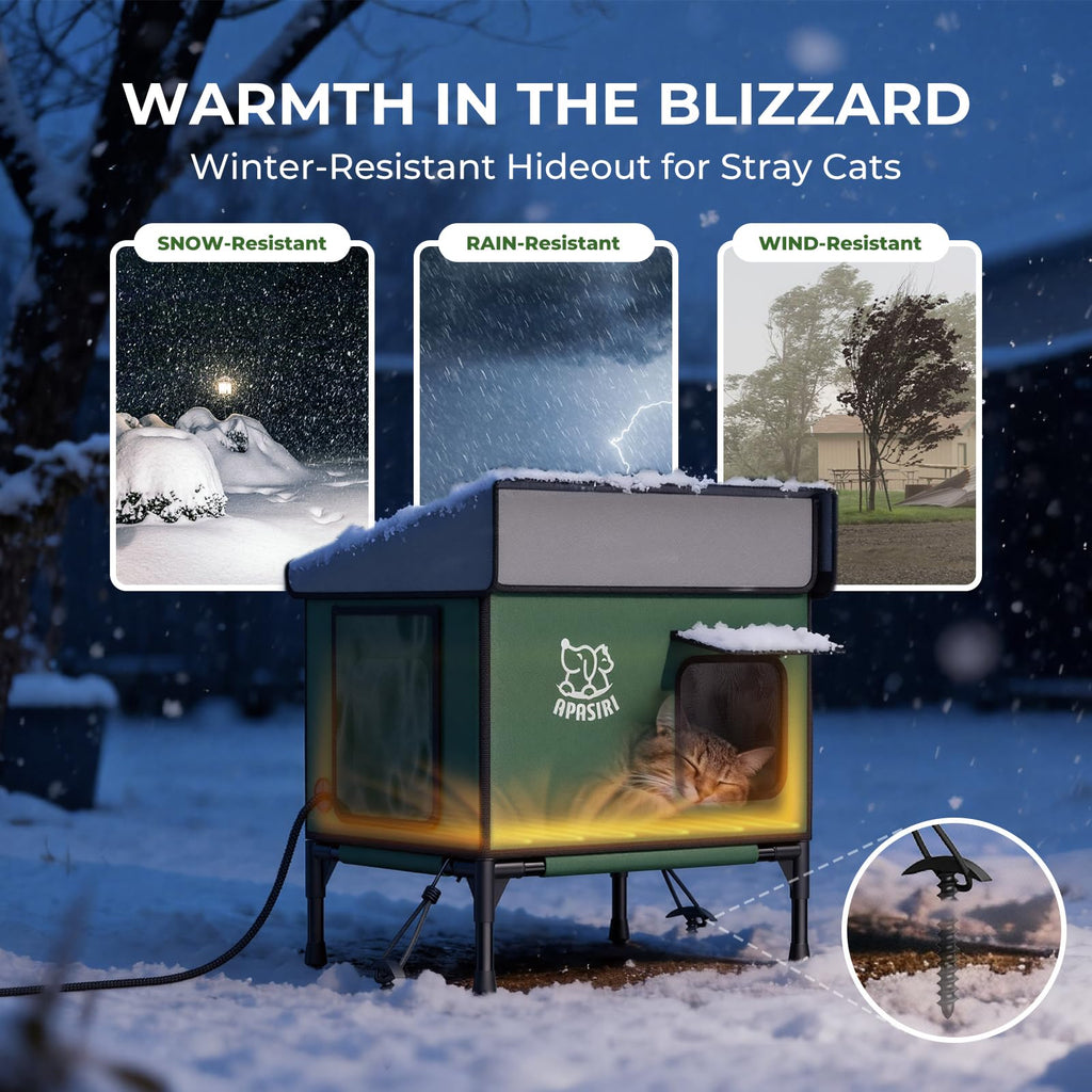 Heated Cat House for Outdoor: Weatherproof Outside Cat Shelter, Insulated Cat House Outdoor with Heated Pad, Sloping Roof & Escape Door, Elevated Base for Stray Cats, Large