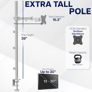 Extra Tall Single Monitor Desk Mount Stand with 39 inch Pole, Features Full Adjustability - Tilt and Articulation, Holds 13 to 32 inch Screens up to 10kg with VESA Mounting, White, STAND-V011W