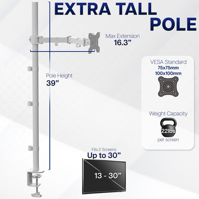 Extra Tall Single Monitor Desk Mount Stand with 39 inch Pole, Features Full Adjustability - Tilt and Articulation, Holds 13 to 32 inch Screens up to 10kg with VESA Mounting, White, STAND-V011W
