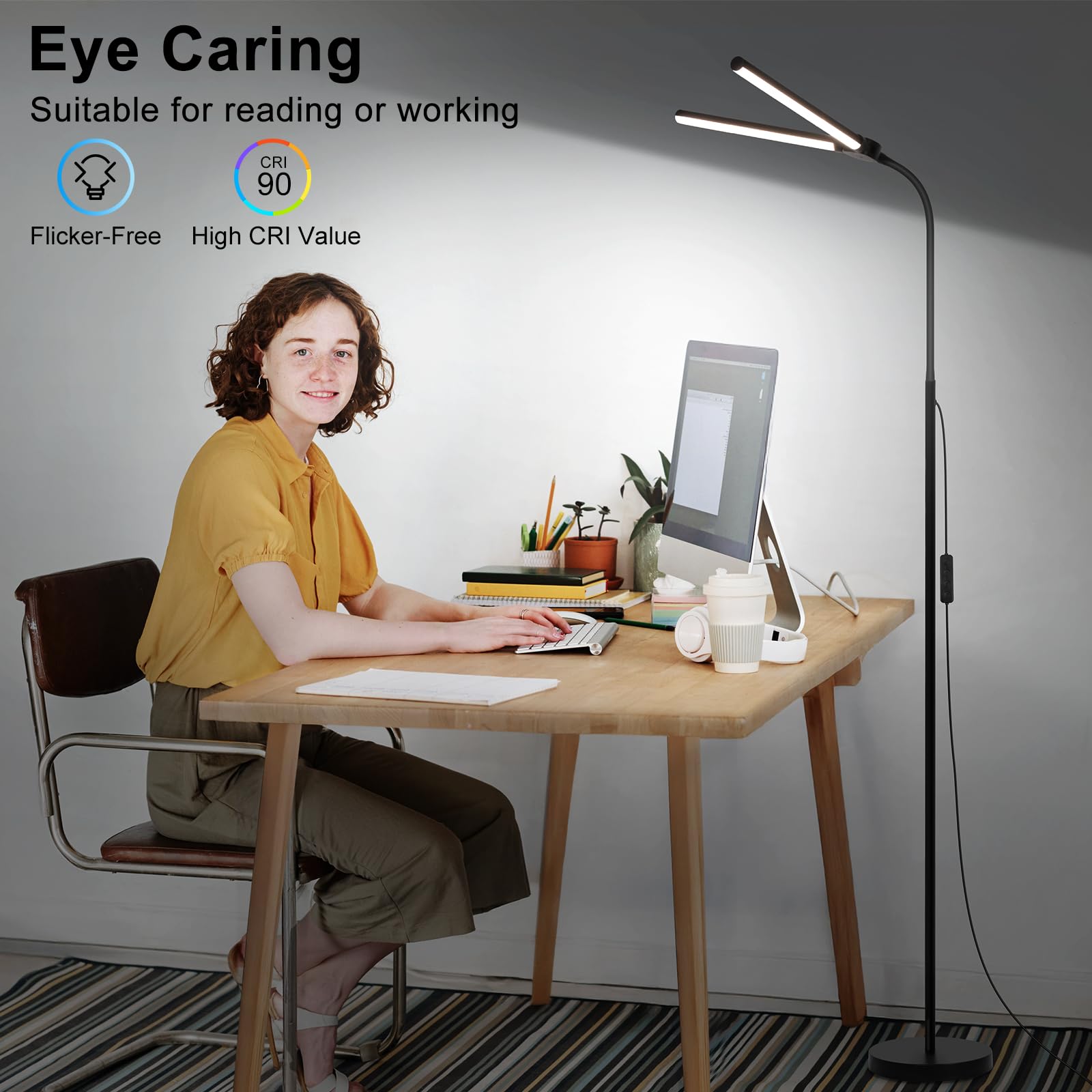 LED Floor Lamp with Remote Control, Bright 18W Floor Lamps for Living Room with Double Head, Adjustable Gooseneck Standing Lamp, Eye Caring Reading Light for Eyelash Extetions Craft Office