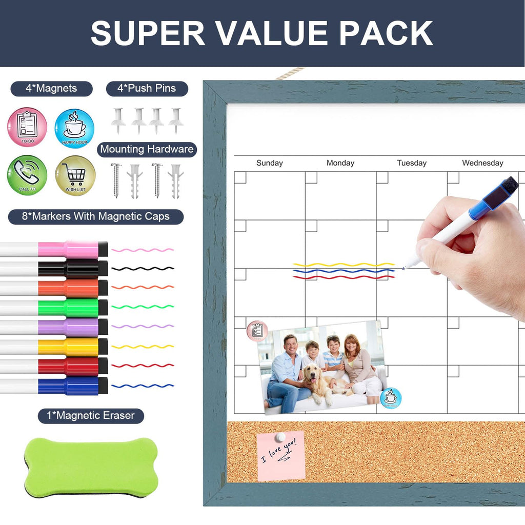 Whiteboard Calendar & Corkboard for Wall, 17x13 Inches Dry Erase Monthly Calendar with Wood Framed, Magnetic White Board Cork Board Combo, Bulletin Board for Home Office Kitchen Memo Planner