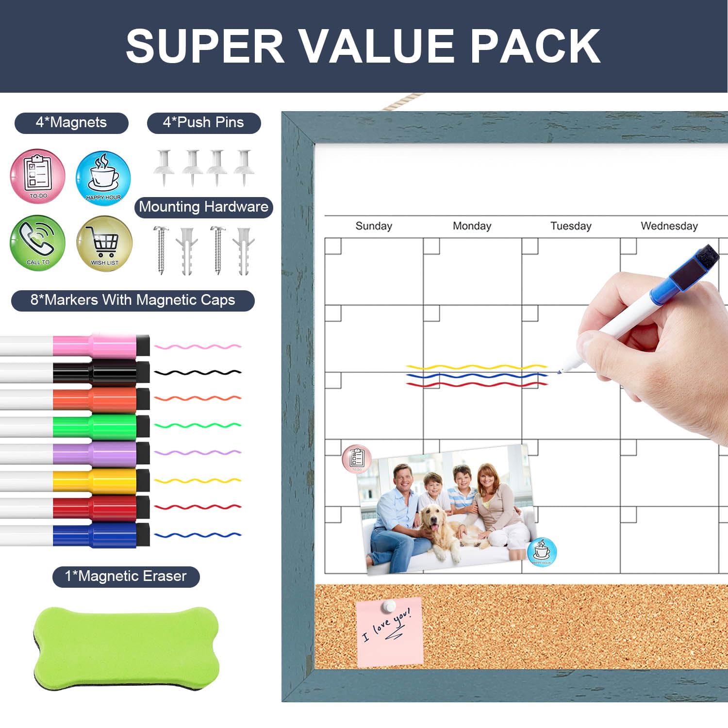 Whiteboard Calendar & Corkboard for Wall, 17x13 Inches Dry Erase Monthly Calendar with Wood Framed, Magnetic White Board Cork Board Combo, Bulletin Board for Home Office Kitchen Memo Planner