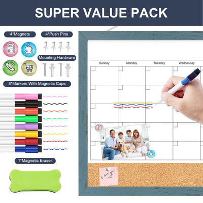 Whiteboard Calendar & Corkboard for Wall, 17x13 Inches Dry Erase Monthly Calendar with Wood Framed, Magnetic White Board Cork Board Combo, Bulletin Board for Home Office Kitchen Memo Planner