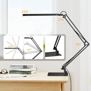 LED Desk Lamp with Slim Base - Adjustable Swing Arm Desk Light, Dimmable, Timer, Eye Protection, Memory Function, 1300LM, 12W, Black