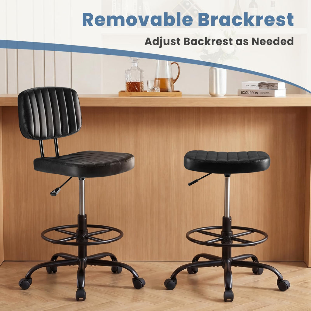 Armless Drafting Chair, Low Back Office Seat with Adjustable Footrest Ring for Standing Desk, Ergonomic PU Leather Office Seating, Swivel Rolling High Stool for Studio, Lab, Counter, Black