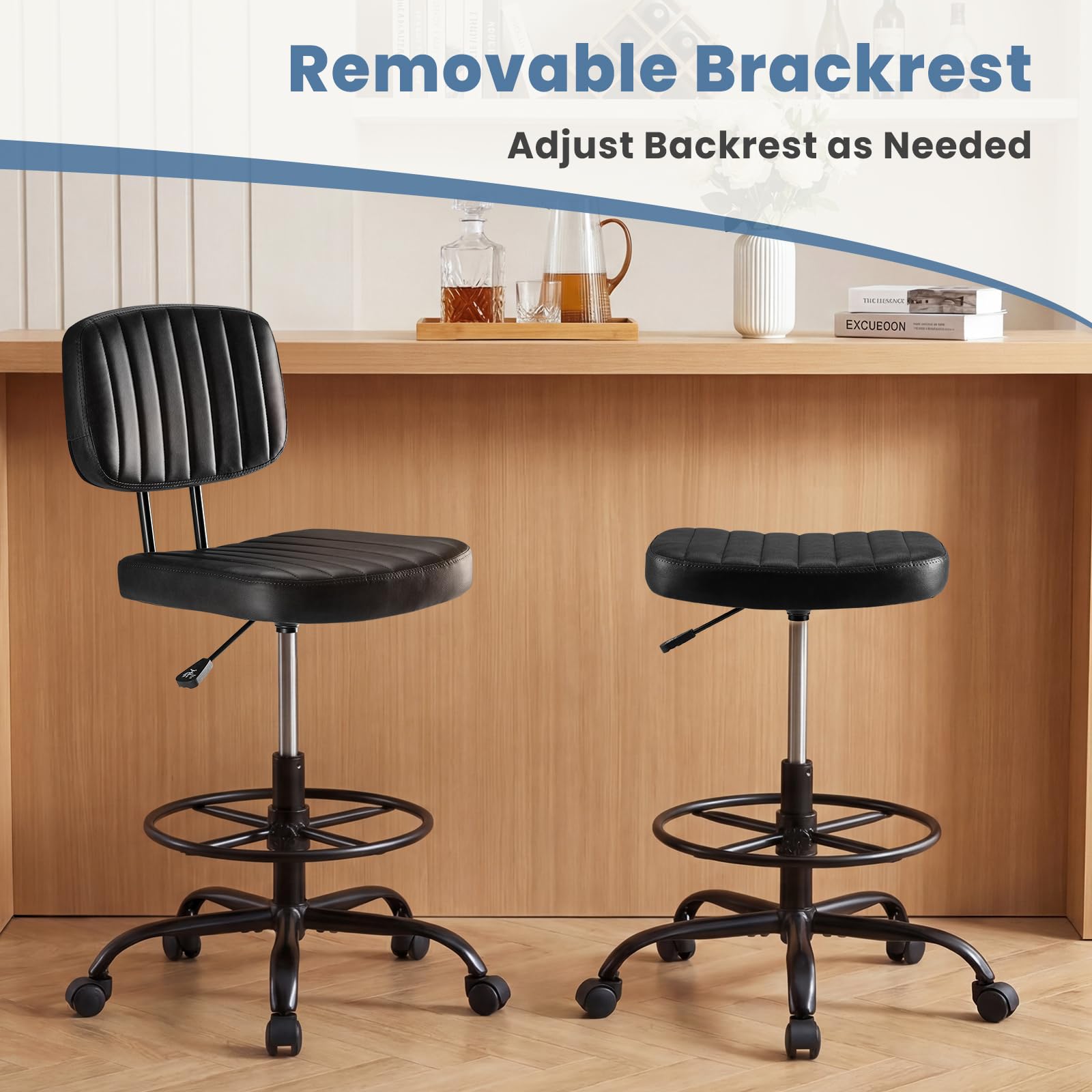 Armless Drafting Chair, Low Back Office Seat with Adjustable Footrest Ring for Standing Desk, Ergonomic PU Leather Office Seating, Swivel Rolling High Stool for Studio, Lab, Counter, Black