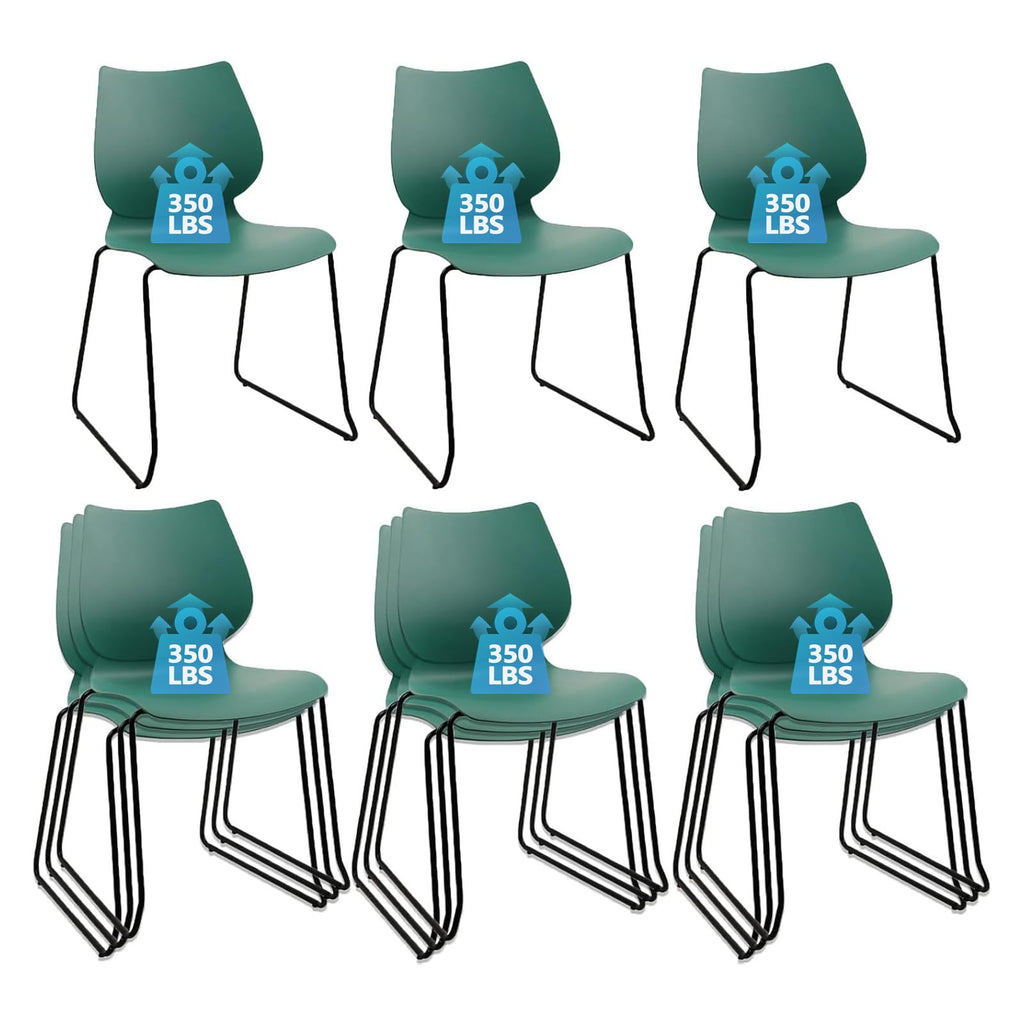 Set of 12, Green, Stackable Waiting Room Chair, Stacking Office Chair with Ergonomic Lumbar Support and Metal Legs, Plastic Desk Chairs for Conference School Church Guest Reception