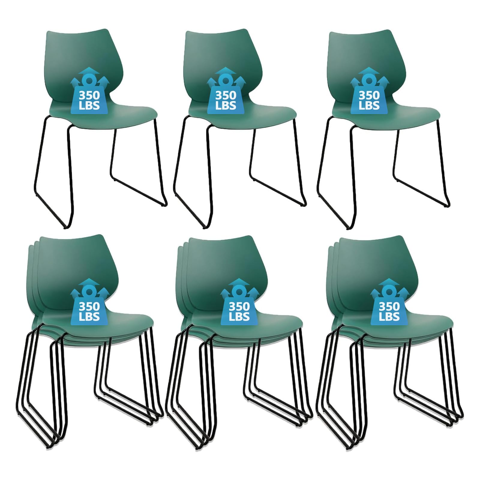 Set of 12, Green, Stackable Waiting Room Chair, Stacking Office Chair with Ergonomic Lumbar Support and Metal Legs, Plastic Desk Chairs for Conference School Church Guest Reception