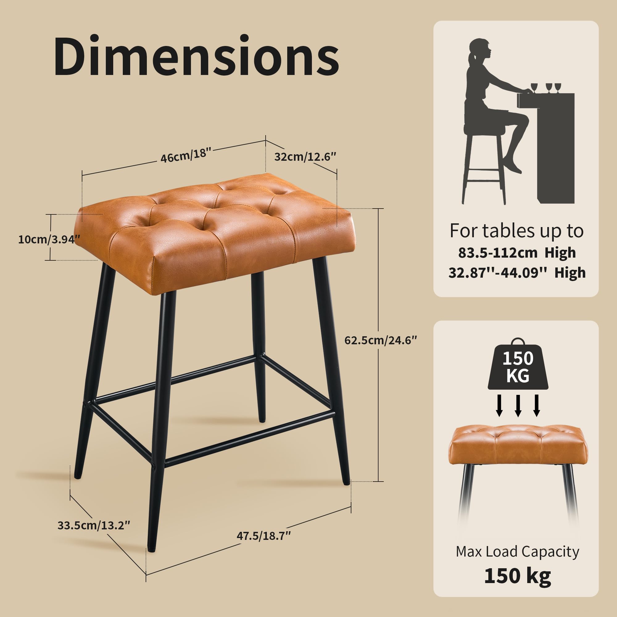 Counter Height Bar Stools Set of 2, 24 Inch Bar Stools for Kitchen Island, Farmhouse Bar Stool for Counter, Modern Kitchen Stools with Sturdy Metal Base and Thickened Cushion, Brown