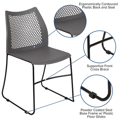 HERCULES Series 661 lb. Capacity Gray Stack Chair with Air-Vent Back and Black Powder Coated Sled Base