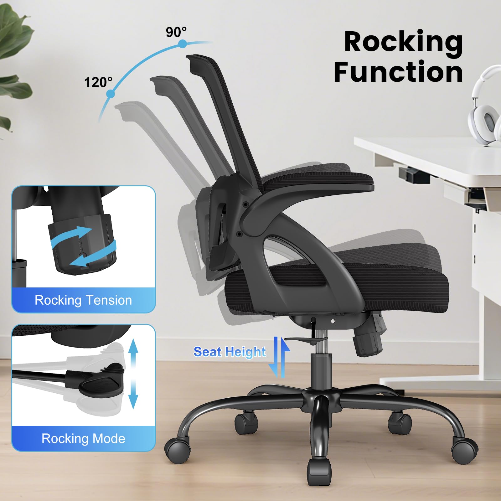 Big and Tall Office Chair, Ergonomic Desk Chair Mesh Mid Back with Comfy Lumbar Support Swivel Task Executive Chairs with Wheels, Flip up Arms for Home, Office, Study