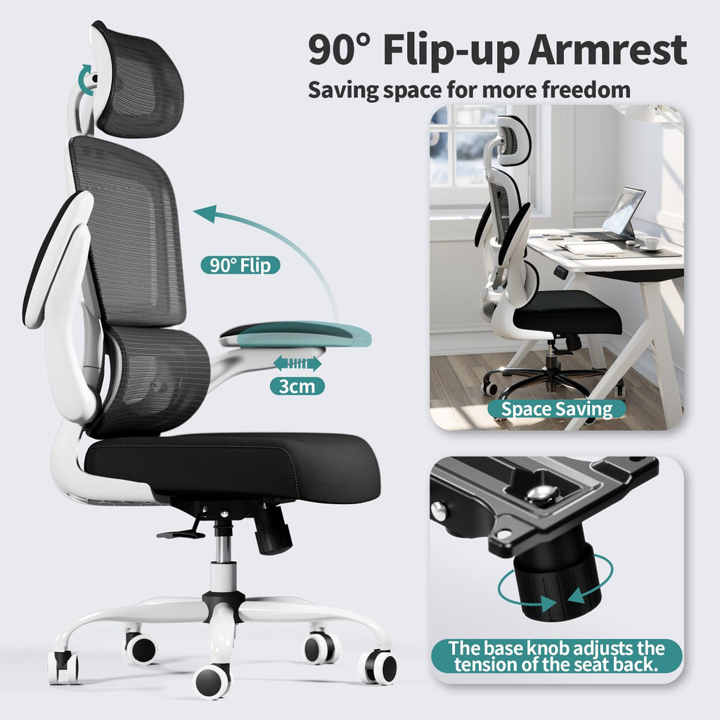Office Chair Ergonomic Desk Chair, 330 LBS Home Mesh Office Desk Chairs with Wheels, Comfortable Gaming Chairs (Black & White)