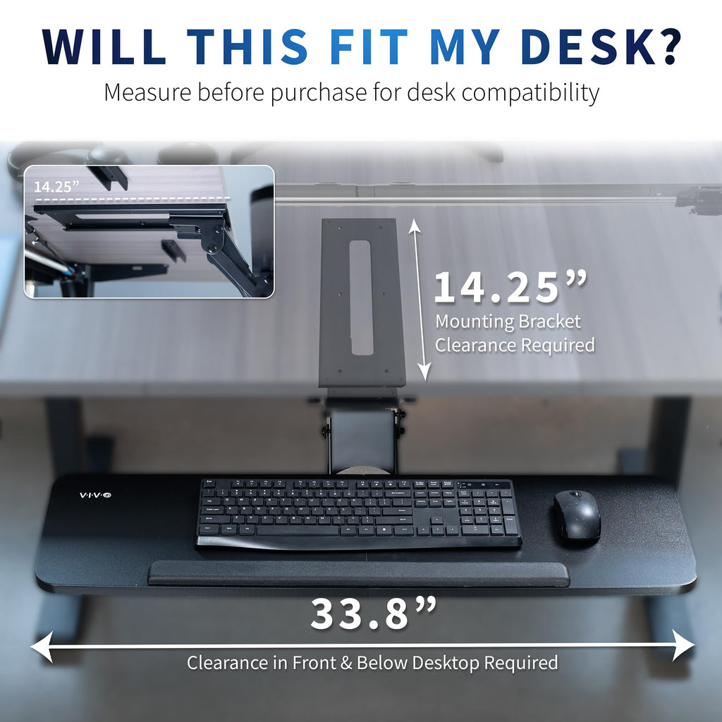 Adjustable Computer Keyboard and Mouse Platform Tray, 34 x 10 inch Ergonomic Under Table Desk Mount Drawer Underdesk Shelf, Black, MOUNT-KB36B