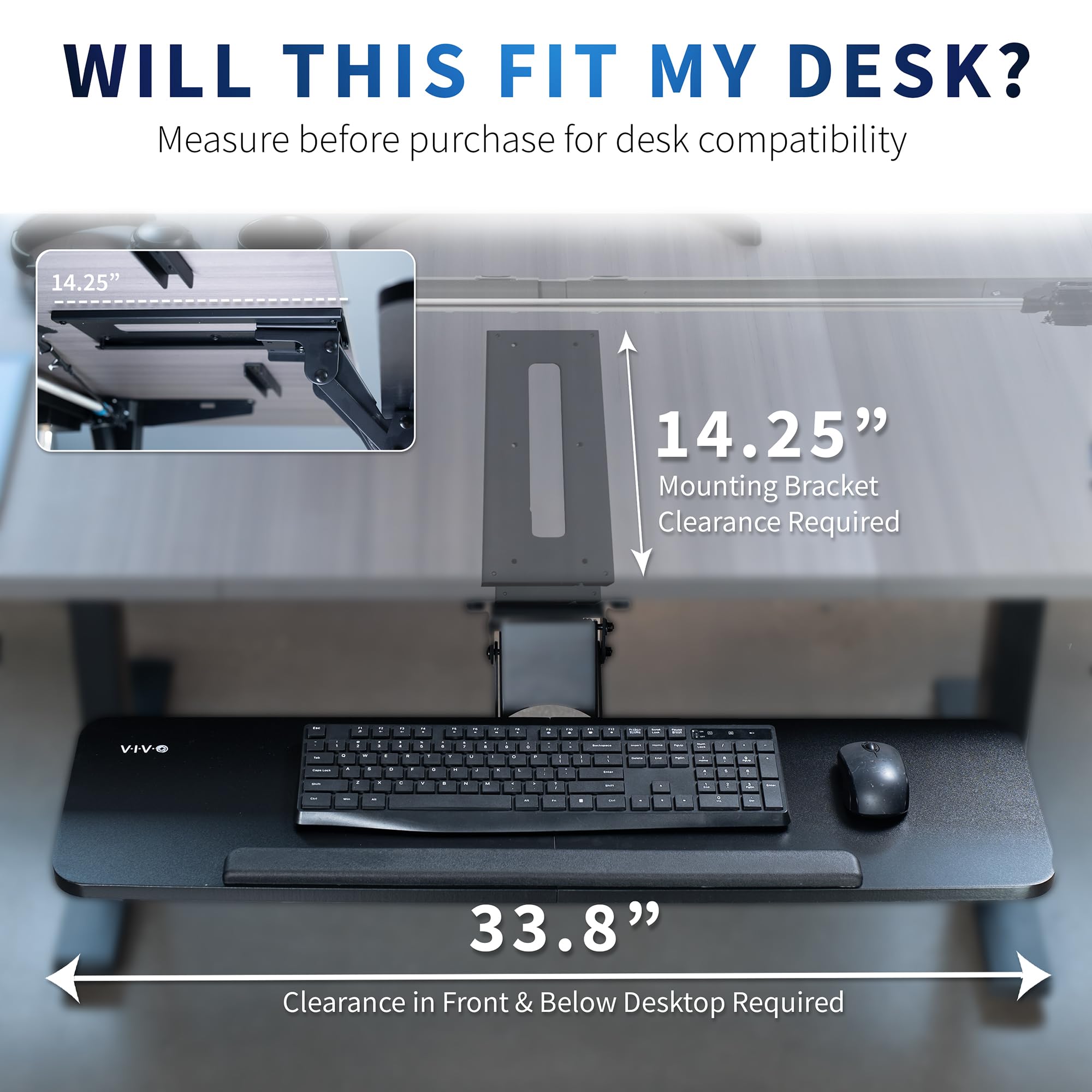 Adjustable Computer Keyboard and Mouse Platform Tray, 34 x 10 inch Ergonomic Under Table Desk Mount Drawer Underdesk Shelf, Black, MOUNT-KB36B