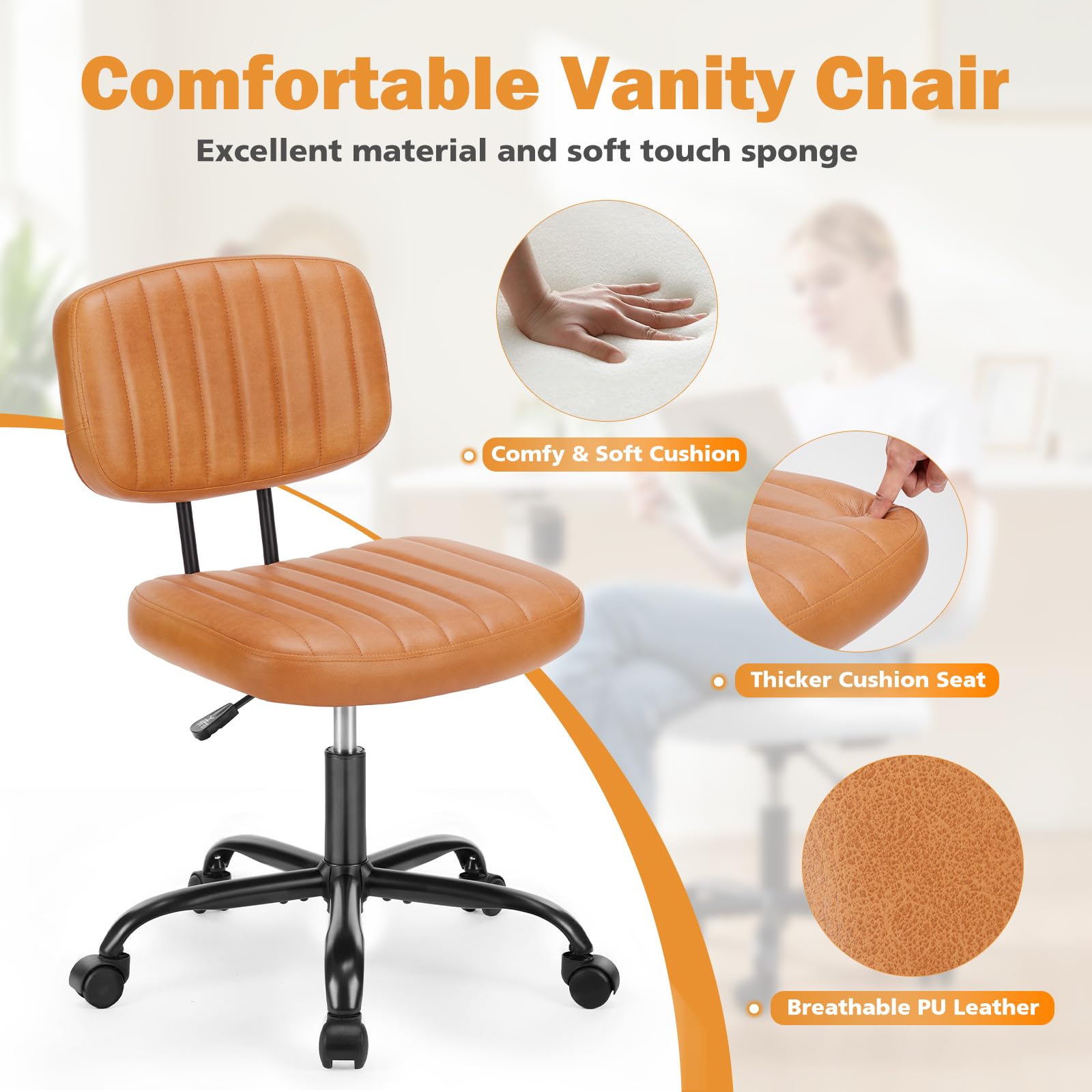 Small Office Desk Chair - Armless PU Leather with Comfy Lumbar Support, Height Adjustable Rolling Swivel Task for No Arms, for Adult, Student, Bedroom, Home, Vanity, Brown