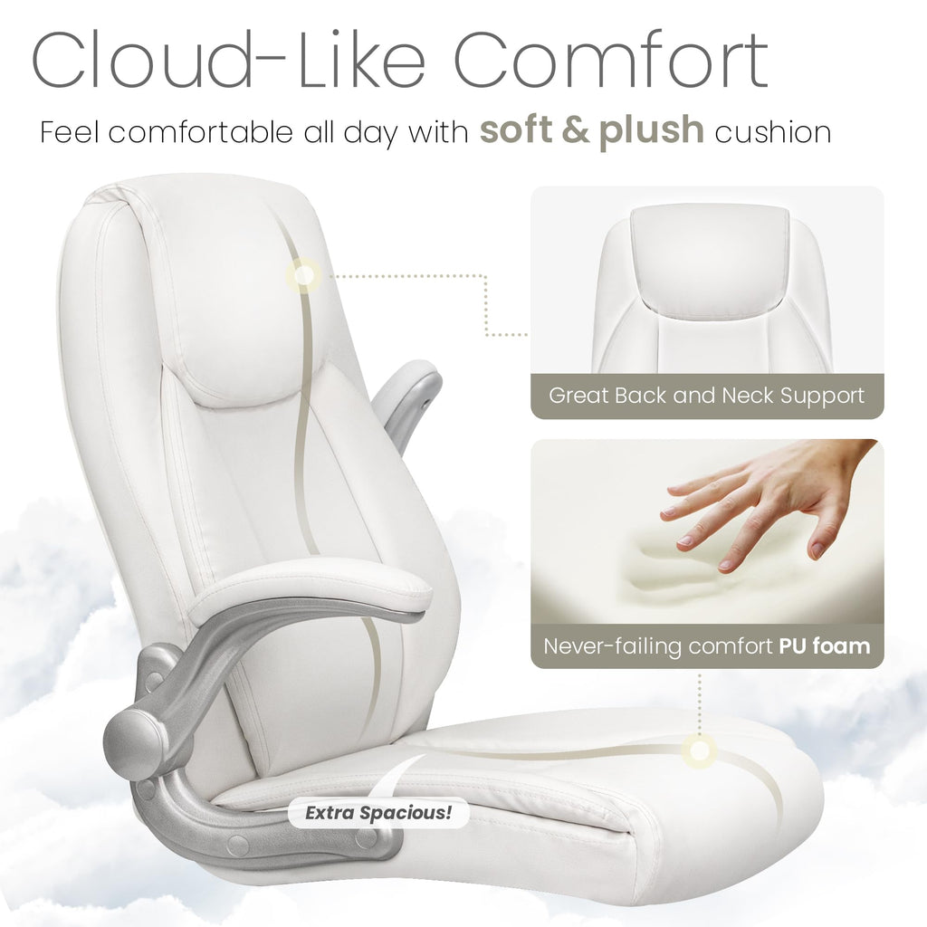 High Back Office Desk Chair for Computer Garming Ergonomic Executive Chair with Comfy Lumbar Support Flip-up Arms Height Adjustable Swivel (Leather White)
