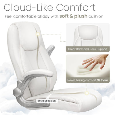 High Back Office Desk Chair for Computer Garming Ergonomic Executive Chair with Comfy Lumbar Support Flip-up Arms Height Adjustable Swivel (Leather White)