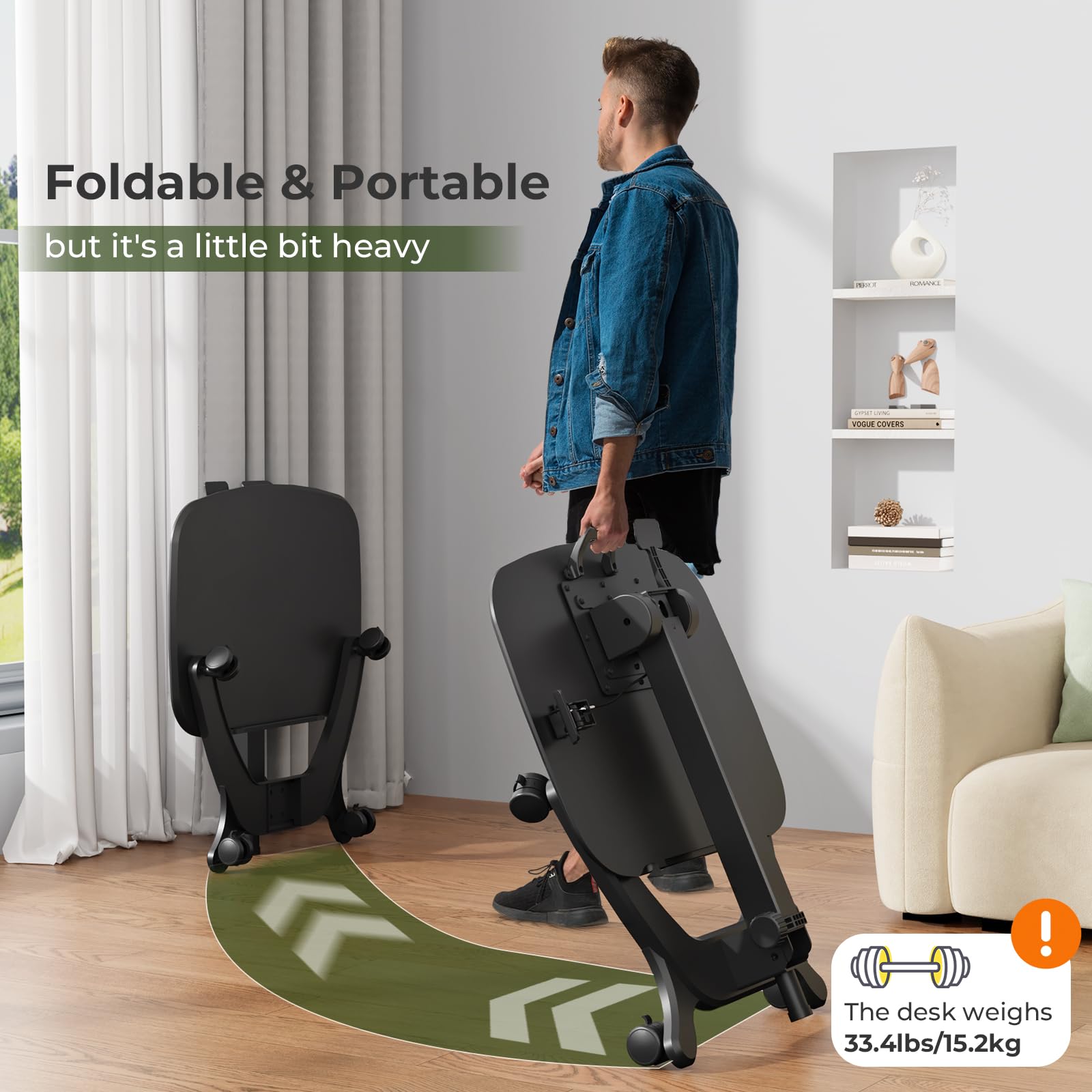 Foldable Mobile Standing Desk, 27"×21" Portable Rolling Laptop Cart with 90° Tiltable Board, Height Adjustable Mobile Desk Workstation with Wheels, Folding Table for Home Office, Black