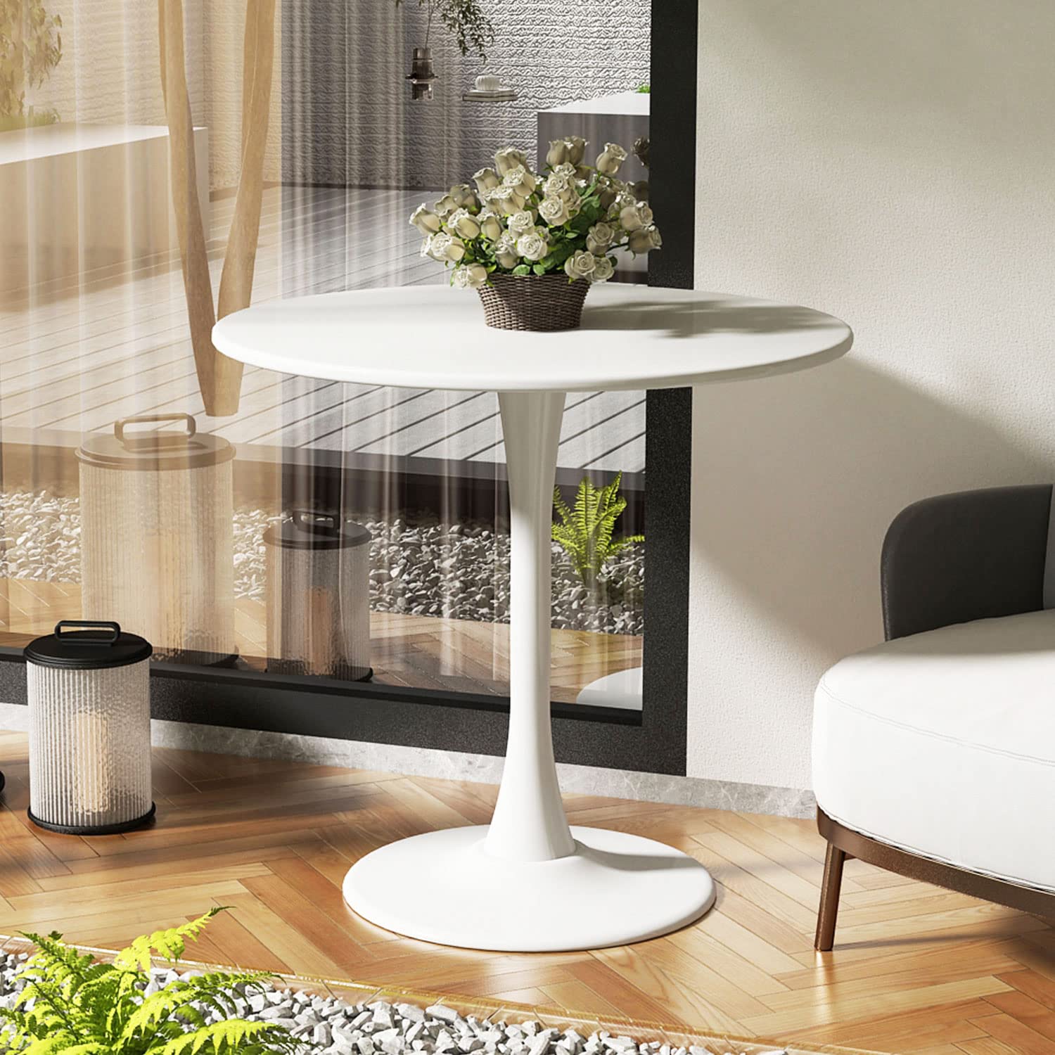 Round Dining Table 31.5" Circle Tulip Table with Wood Thickened Tabletop & Sturdy Metal Pedestal Mid Century Modern Leisure Bistro Kitchen Tables 4 People Small Places Living Room Cafe,White