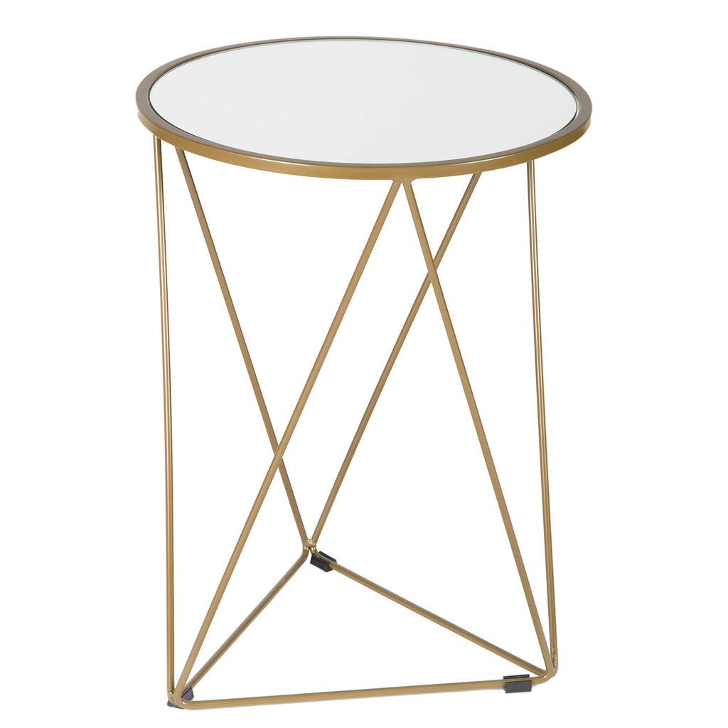 Metal Accent Table Triangle Base Round Mirror Top, Gold