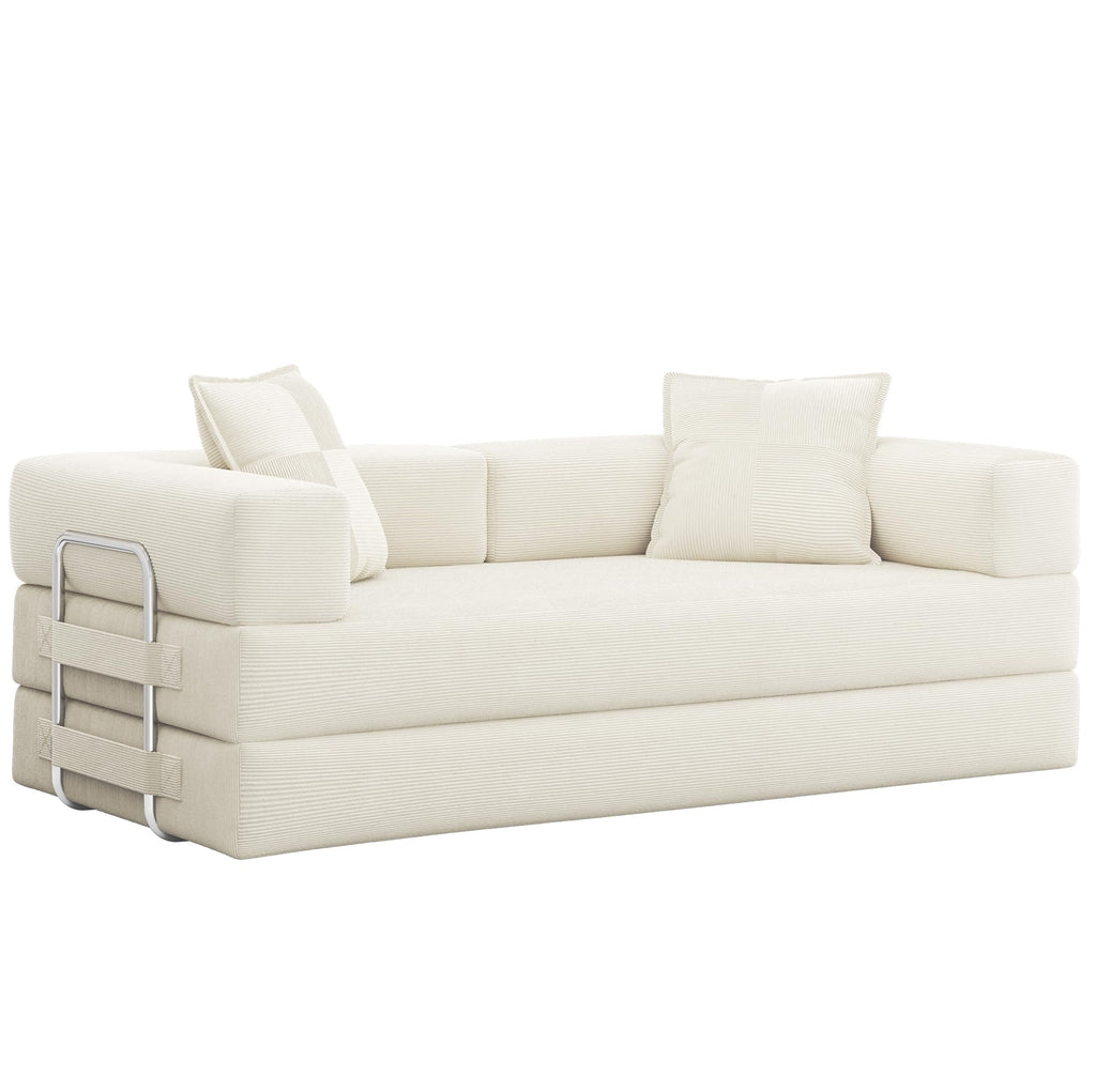 78 Inch Convertible Sofa Bed, 5-in-1 Futon Sofa Bed Pull Out Couch, Boneless Couch Bed for Living Room, Corduroy Boneless Couches for Bedroom, Apartment, No Assembly Sleeper Sofa Bed, Beige