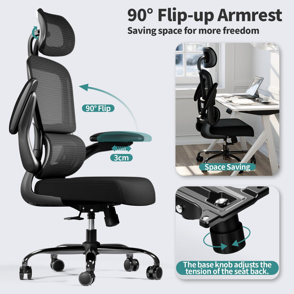 Office Chair Ergonomic Desk Chair, 330 LBS Home Mesh Office Desk Chairs with Wheels, Comfortable Gaming Chairs (Black)