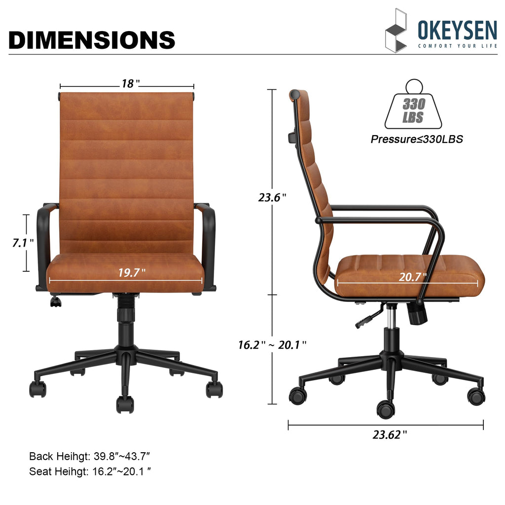 Leather Office Desk Chair, Mid-Century Modern Leather Conference Room Chairs, Ergonomic Executive Ribbed Height Adjustable Swivel Rolling Chair for Home Office.