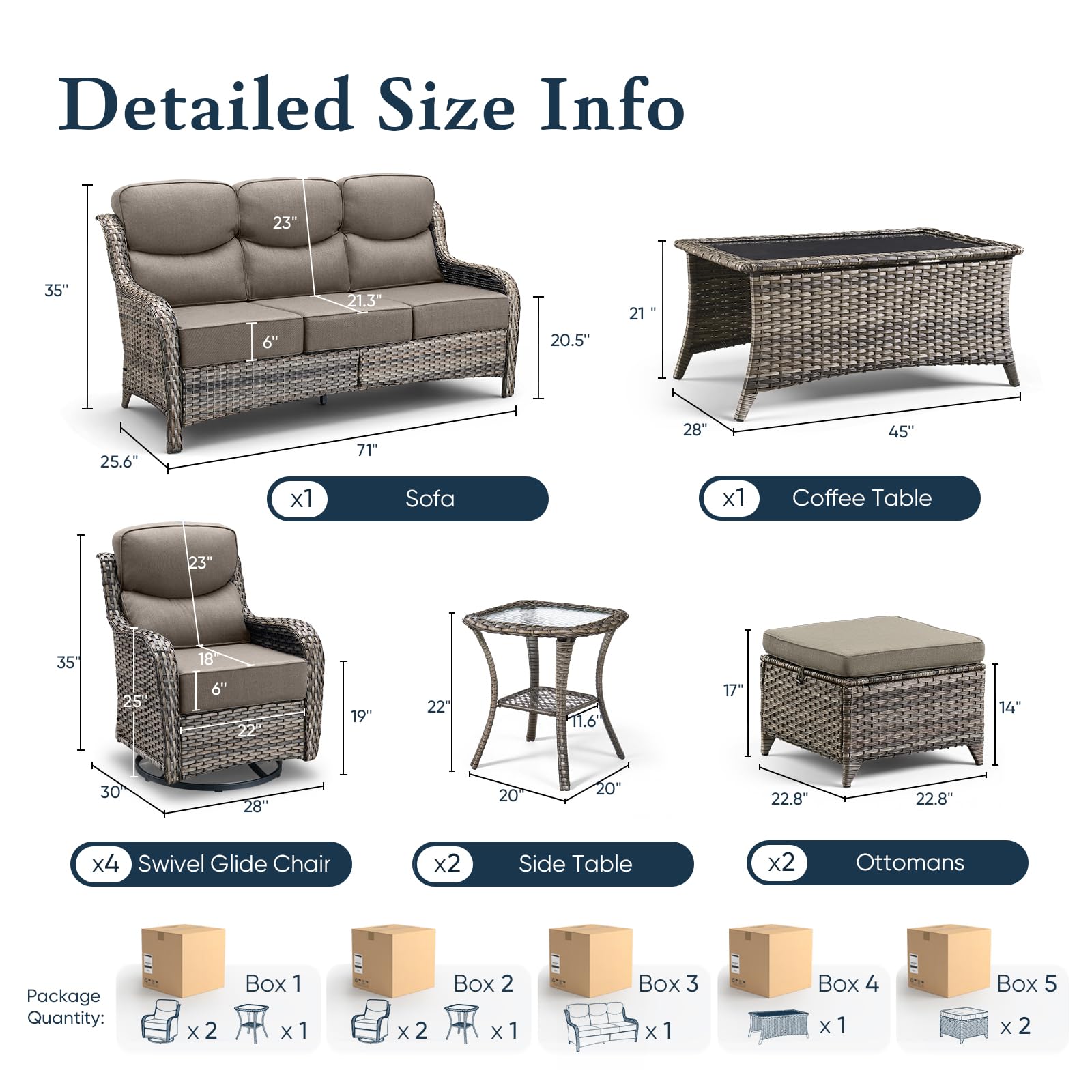 Luxury 6" Thick Cushioned 10 Pieces Patio Furniture Set with Outdoor Couch, Wicker Outdoor Conversation Set with High Back Swivel Rocker Chairs for Deck Porch Yard and Poolside - Grey+Grey