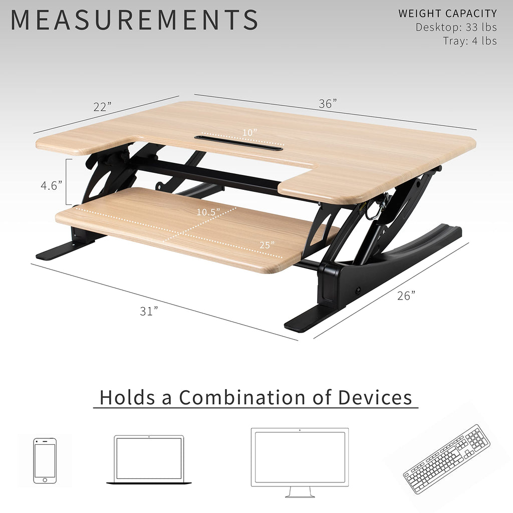 36 inch Height Adjustable Stand Up Desk Converter, V Series, Quick Sit to Stand Tabletop Dual Monitor Riser Workstation, Light Wood Top, Black Frame, DESK-V000VO