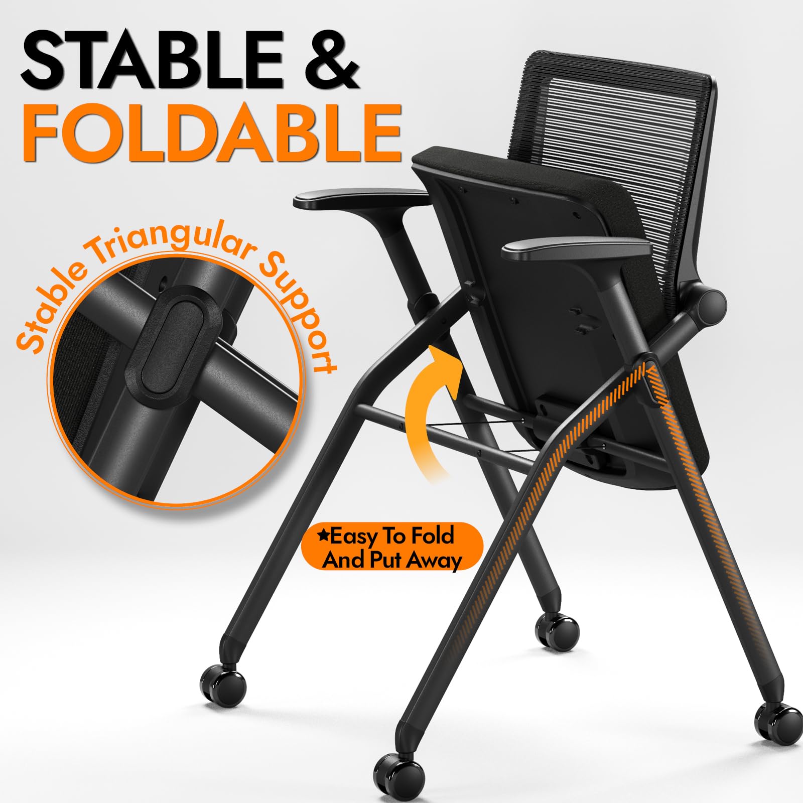 Foldable Office Chair with PU Wheels and Smooth Armrest-Ergonomic Mesh Bouncing Back, Stackable Conference Room Chair, Office Guest & Reception & Meeting Chair (Black)