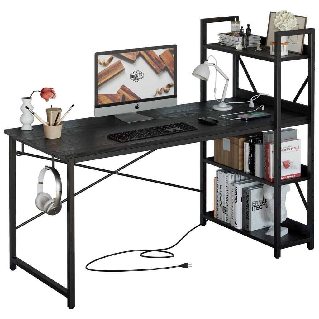 Computer Desk 55" with Power Outlet and Storage Shelves, Study Writing Table with USB Ports Charging Station, PC Desk Workstation for Home Office, Black