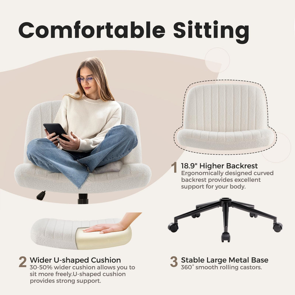 Criss Cross Chair Cross Legged Office Chair with Wheels Armless Wide Seat Desk Chairs Height Adjustable Computer Task Chairs Swivel Vanity Chair for Home Office Bedroom Make Up Teddy Fabric White