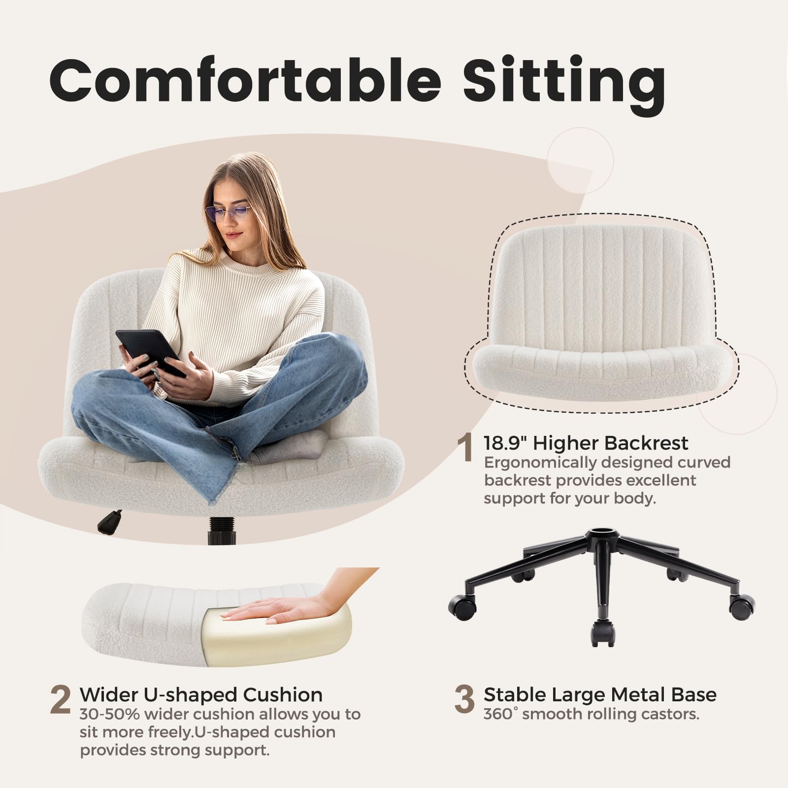 Criss Cross Chair Cross Legged Office Chair with Wheels Armless Wide Seat Desk Chairs Height Adjustable Computer Task Chairs Swivel Vanity Chair for Home Office Bedroom Make Up Teddy Fabric White
