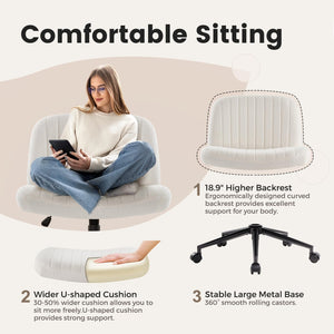 Criss Cross Chair Cross Legged Office Chair with Wheels Armless Wide Seat Desk Chairs Height Adjustable Computer Task Chairs Swivel Vanity Chair for Home Office Bedroom Make Up Teddy Fabric White