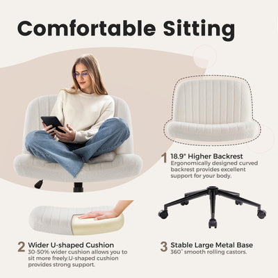 Criss Cross Chair Cross Legged Office Chair with Wheels Armless Wide Seat Desk Chairs Height Adjustable Computer Task Chairs Swivel Vanity Chair for Home Office Bedroom Make Up Teddy Fabric White