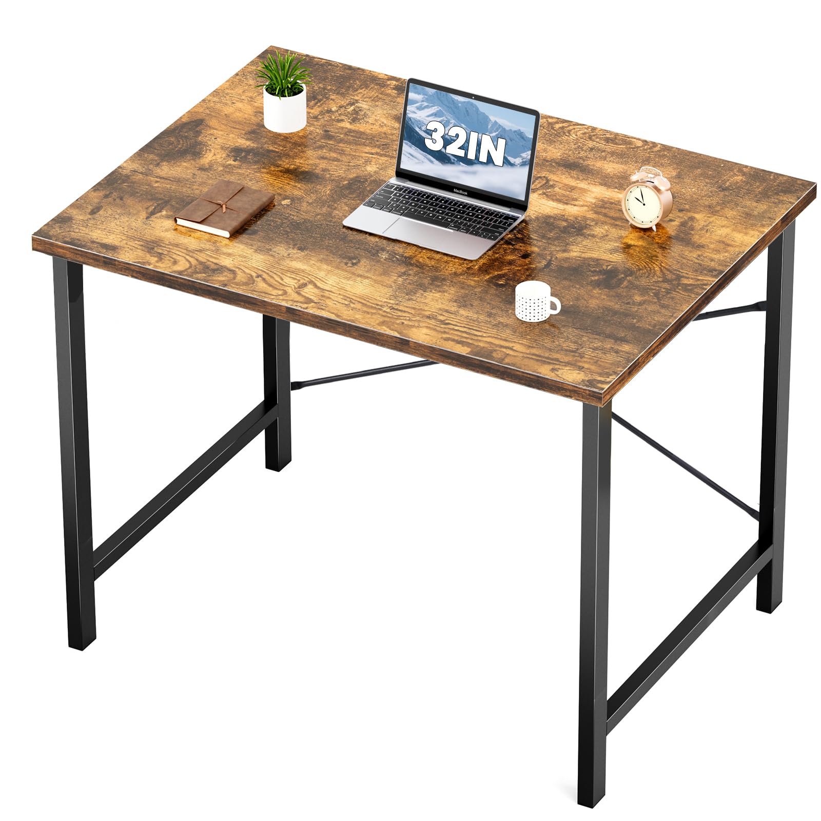 Computer Small Office Desk 32 Inch Student Study Writing Work with Metal Frame Wood Tabletop Modern Simple PC Home Bedroom Table, Rustic Brown