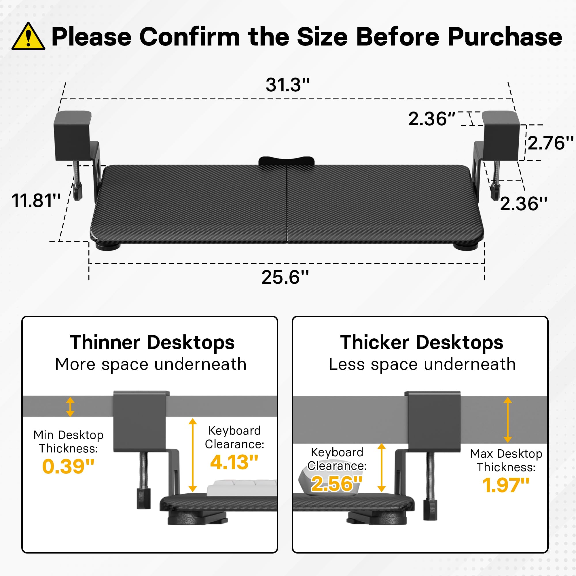 KMT01 Under Desk Keyboard Tray, Pull-Out Keyboard & Mouse Platform with C-Clamp, 25.6 x 11.8 in Space-Saving Ergonomic Slide-Out Drawer, Black Carbon Fiber