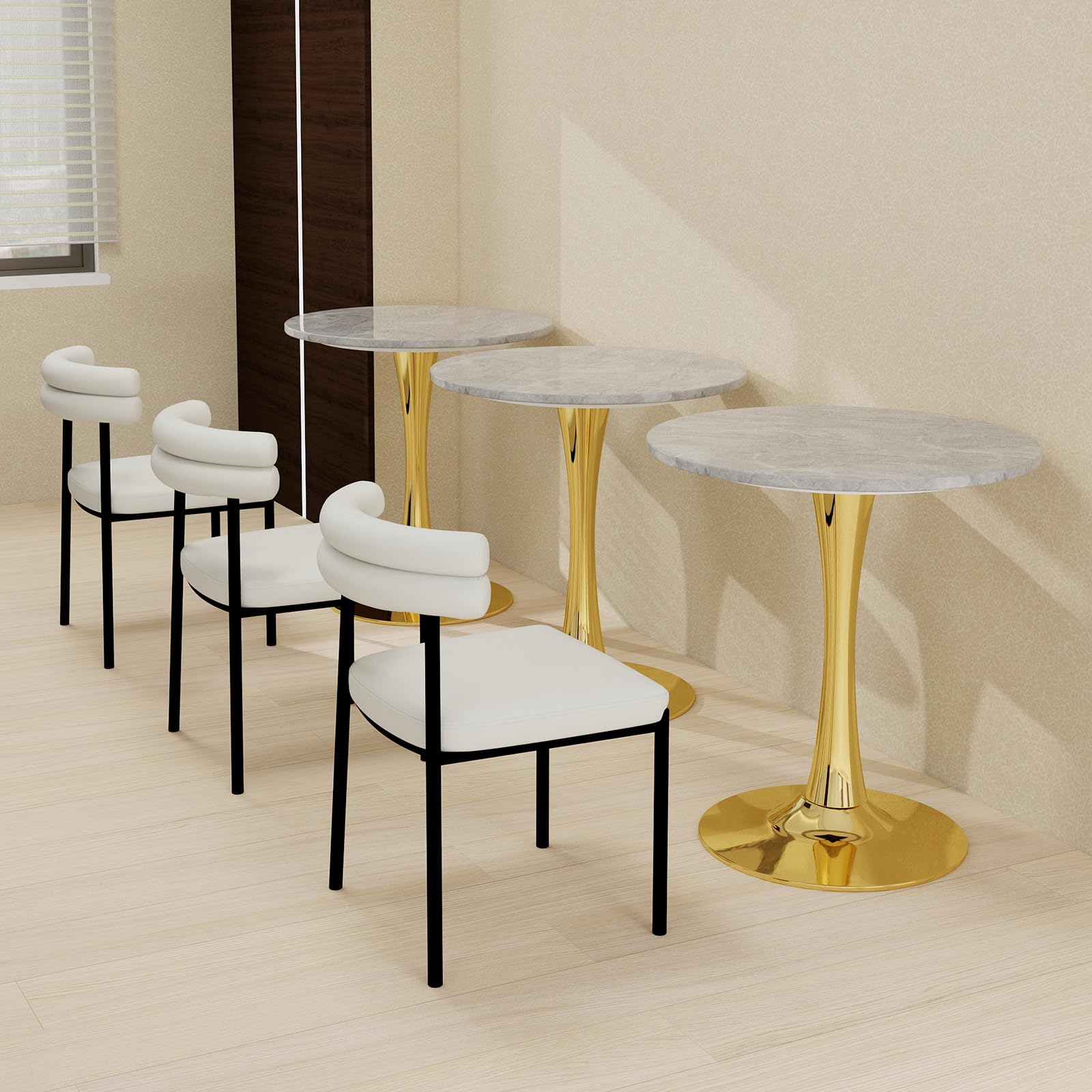 27.6" Marble Round Tulip Table, Mid-Century Modern Style Dining Table with Gold Pedestal Base for 2-4 People, Featuring A Marble Tabletop for Kitchen, Dining Room, Cafe (Light Grey)