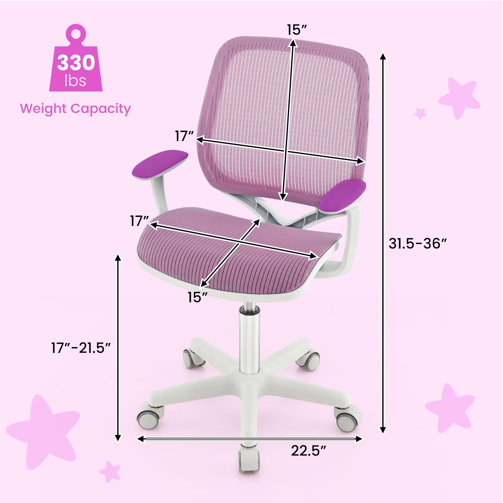 Kids Desk Chair, Height Adjustable Children Study Computer Chair with Armrests, Sit-Brake Casters, Swivel Mesh Task Chair for Boys Girls Teens Students, Kids Chair for Home, Office (Purple)