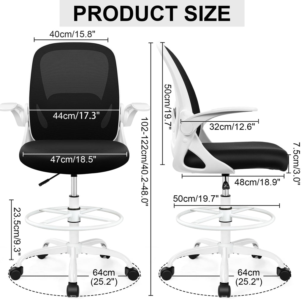 Drafting Chair Tall Office Chair with Flip-up Armrests, Adjustable Height, and Enhanced Lumbar Support - Ergonomic Rolling Stool, Back Support, and Adjustable Foot Rest Ring for Standing Desk White